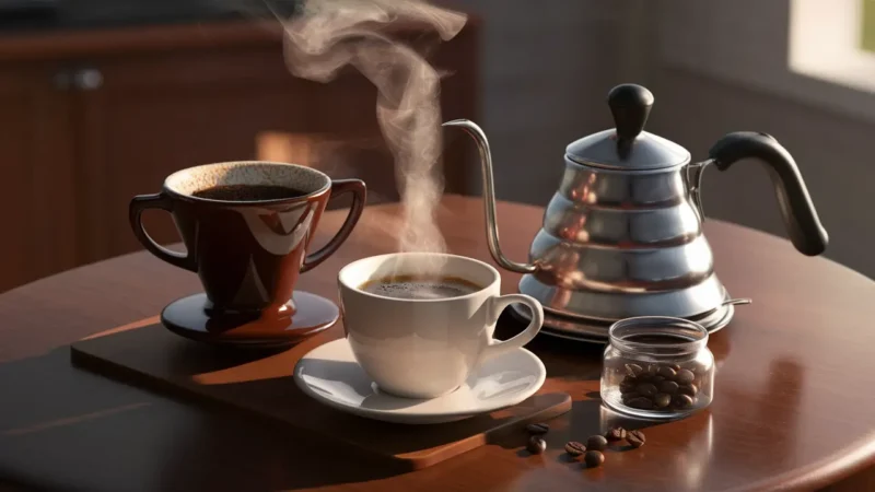 Xícara de café ao lado de coador de cerâmica e chaleira de aço inoxidável em mesa de madeira.