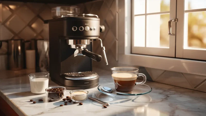 Cozinha aconchegante com máquina de café expresso moderna e xícara de café cremoso sobre balcão de mármore.