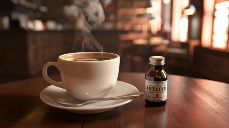 Xícara de café fumegante ao lado de um frasco de antiácido em uma mesa de madeira em um café acolhedor.