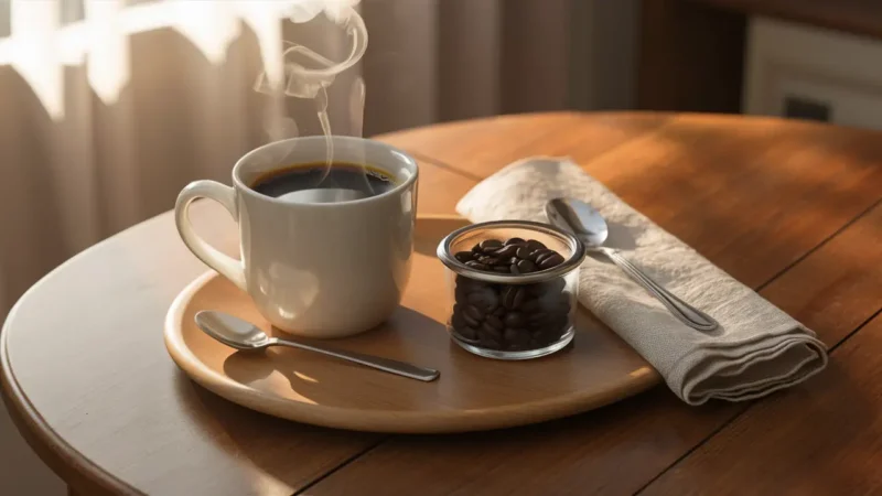 Caneca de cerâmica branca com café fumegante ao lado de um pote de vidro com grãos de café torrados em uma mesa de madeira.