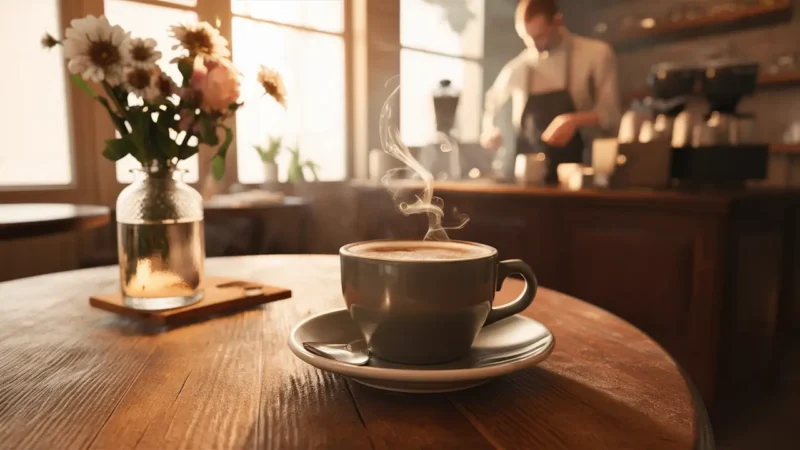 Interior de café com mesa de madeira, xícara de café fumegante, vaso com flores e barista ao fundo.