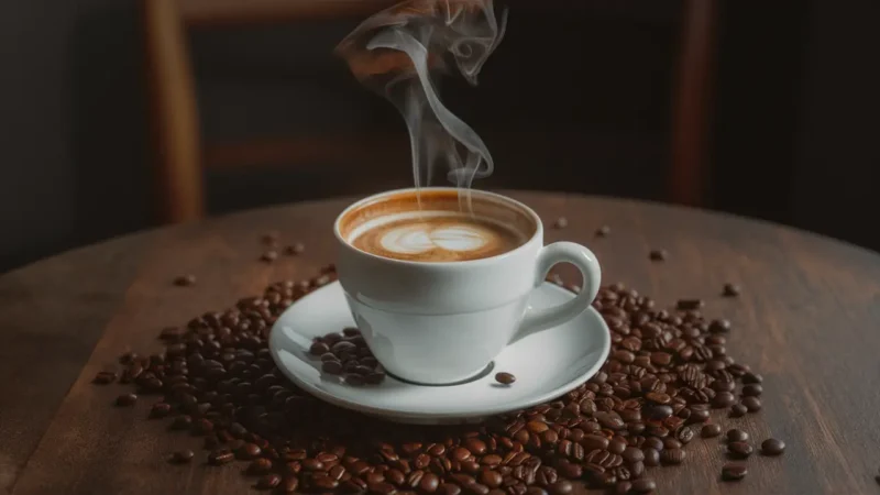 Café expresso fumegante em xícara branca sobre mesa de madeira escura com grãos de café ao redor.