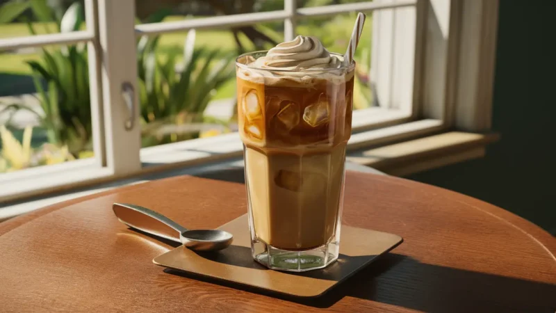 Copo alto de café gelado com cubos de gelo e creme, sobre mesa de madeira, ao lado de uma colher com jardim ao fundo.