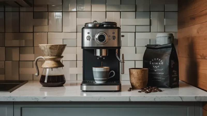 Cafeteira de aço inoxidável em bancada de mármore, com filtro dourado e saco de café em grãos.