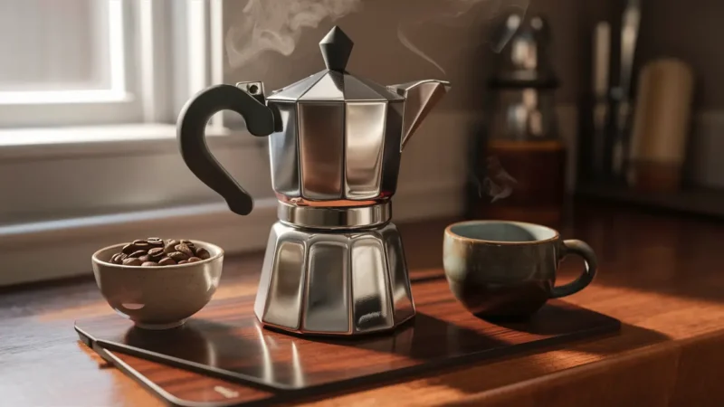 Uma cafeteira italiana de aço inoxidável ao lado de uma tigela de cerâmica com grãos de café e uma xícara, com vapor saindo do bico.