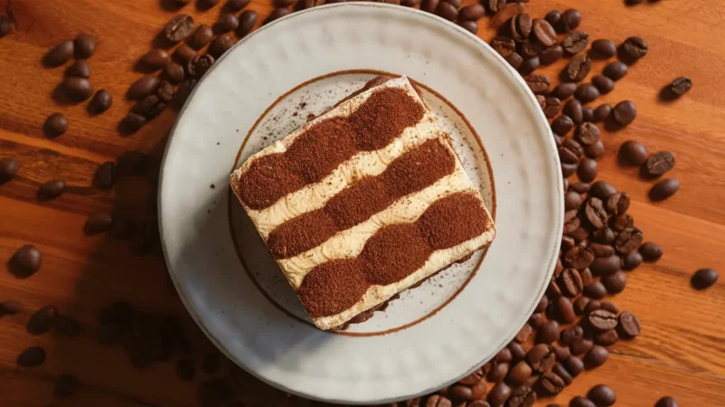 Vista superior de tiramisu fatiado em prato branco, com camadas de creme de mascarpone e bolachas embebidas em café, ao lado de grãos de café.