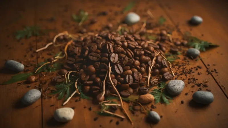 Close-up de grãos de café misturados com galhos, pedras e folhas sobre uma mesa de madeira.