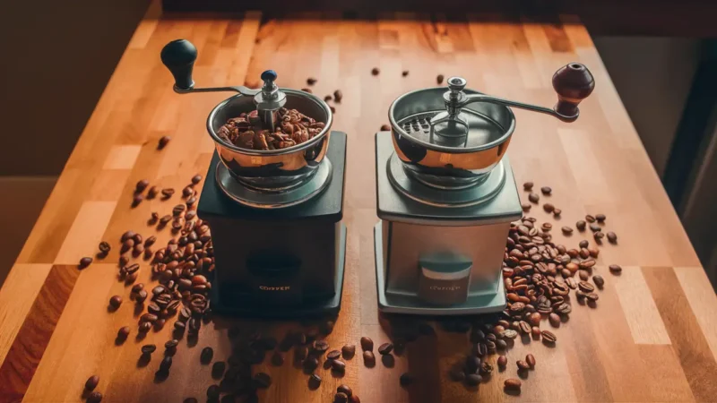 Dois moedores de café lado a lado, um com mós cônicas e outro com mós planas, sobre balcão de madeira com grãos de café espalhados.