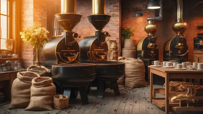 Oficina de torrefação de café com torradores de latão vintage, sacos de café e mesa de madeira iluminada por luz dourada.