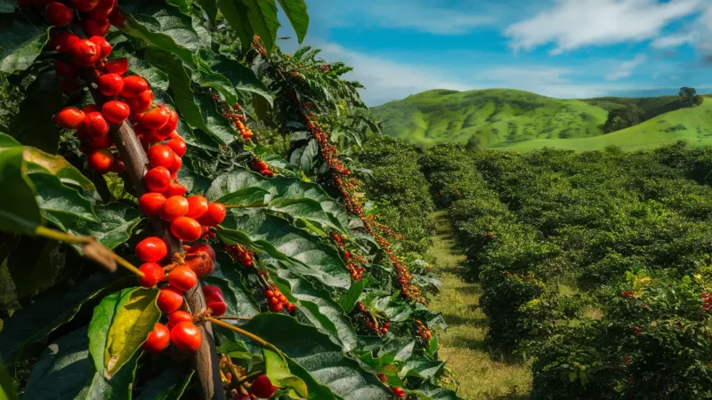 Plantações densas de café com cerejas vermelhas maduras sob um céu azul no cenário verdejante e montanhoso.