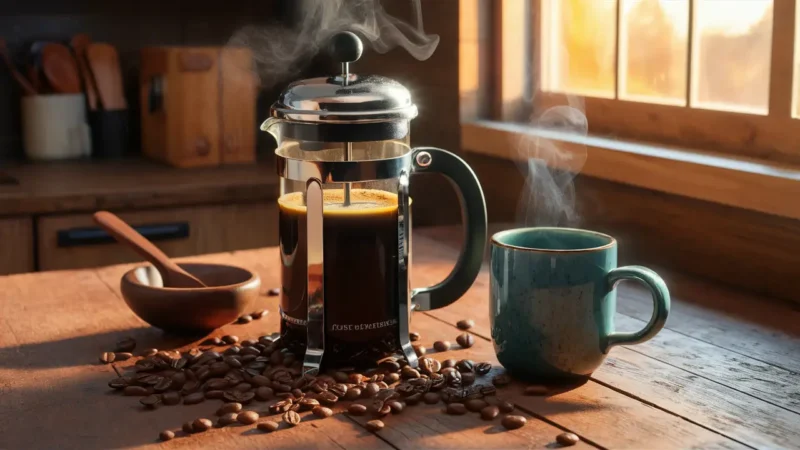 Prensa francesa cheia de café, com vapor, rodeada por grãos de café e uma caneca, em uma mesa de madeira iluminada.