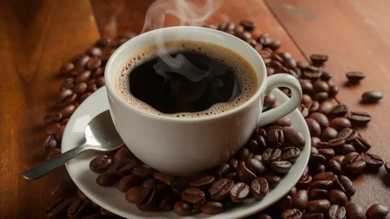 Xícara de café preto sobre a mesa de madeira com colheres e grãos de café ao redor.