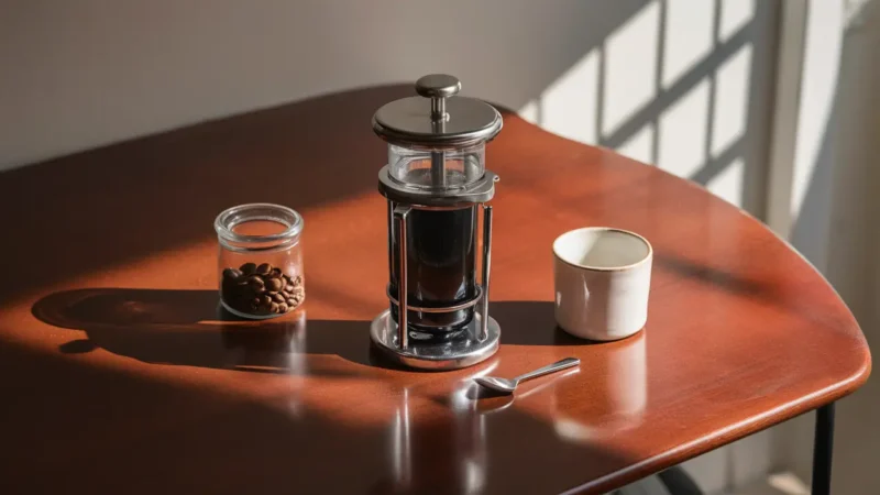 AeroPress com jarro de grãos de café, xícara e colher sobre mesa de madeira polida.