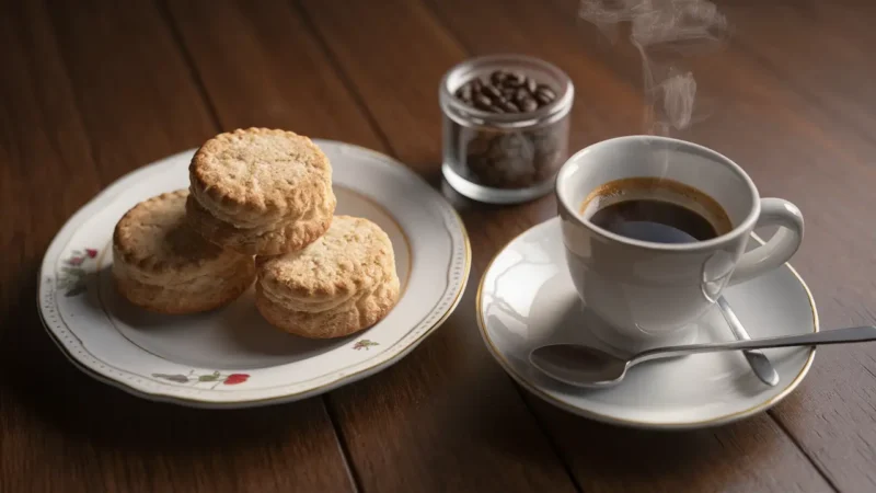 Prato com três biscoitos de café dourados ao lado de uma xícara de espresso fumegante e um pote de grãos de café.