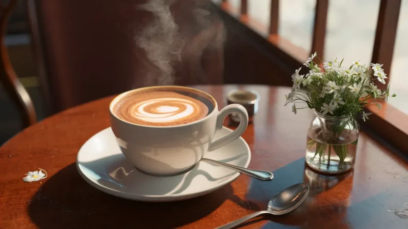 Café quente com leite condensado em uma mesa de madeira, ao lado uma colher de prata e flores brancas em um vaso.