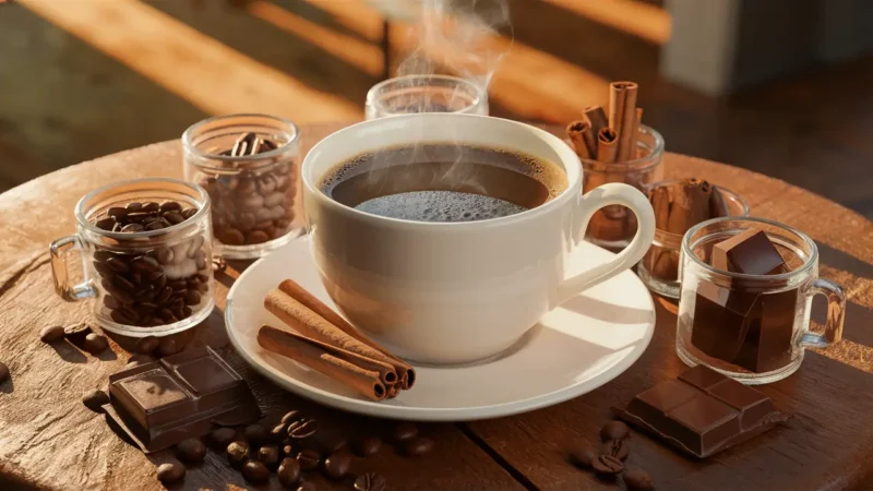 Xícara de café fumegante em mesa rústica com grãos de café, paus de canela e quadrados de chocolate ao redor.