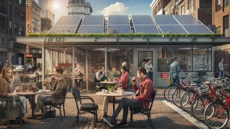 Cena de café moderno com painéis solares no telhado, plantas verdes nas mesas e bicicletas em um bicicletário.