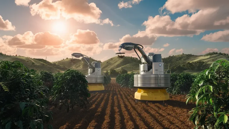 Máquinas robóticas colhendo grãos de café em plantação moderna sob céu ensolarado.