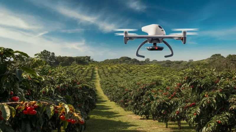 Drone sobrevoando plantação de café com cerejas maduras sob céu azul.