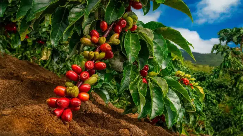 Plantas de café com cerejas vermelhas e folhas verdes em solo escuro sob um céu azul brilhante.