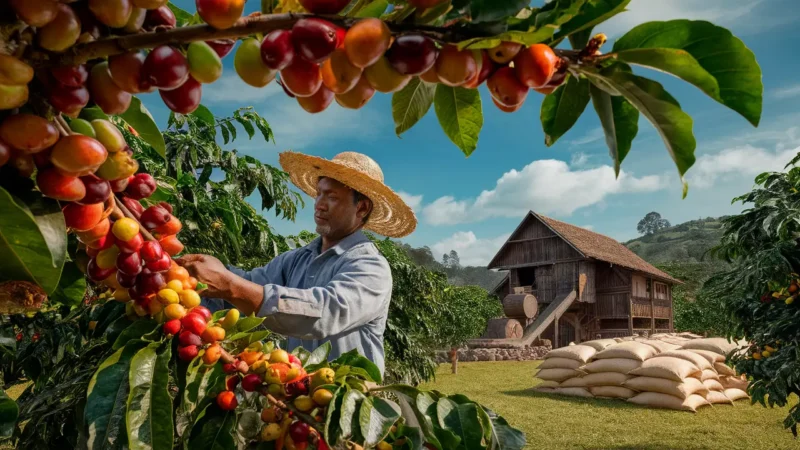 Plantação de café com cerejas maduras, agricultor colhendo, moinho de madeira ao fundo.